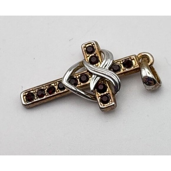 Vintage Faux Garnet Cross Pendant Gold Tone with Silver Tone Heart Design - Picture 4 of 6